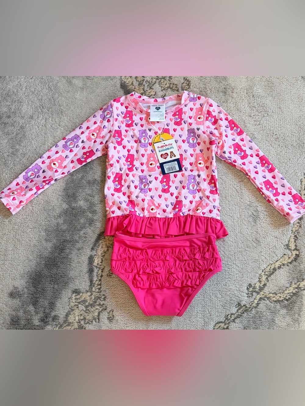 NWT RuffleButts x Care Bears Pink & Purple Heart Ruffle Swim Set Sz 5